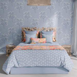 Pretty in Peony Baby’s Breath Blue Bedding Collection comes in Twin, Full/Queen, & King/Cal. King Sizes