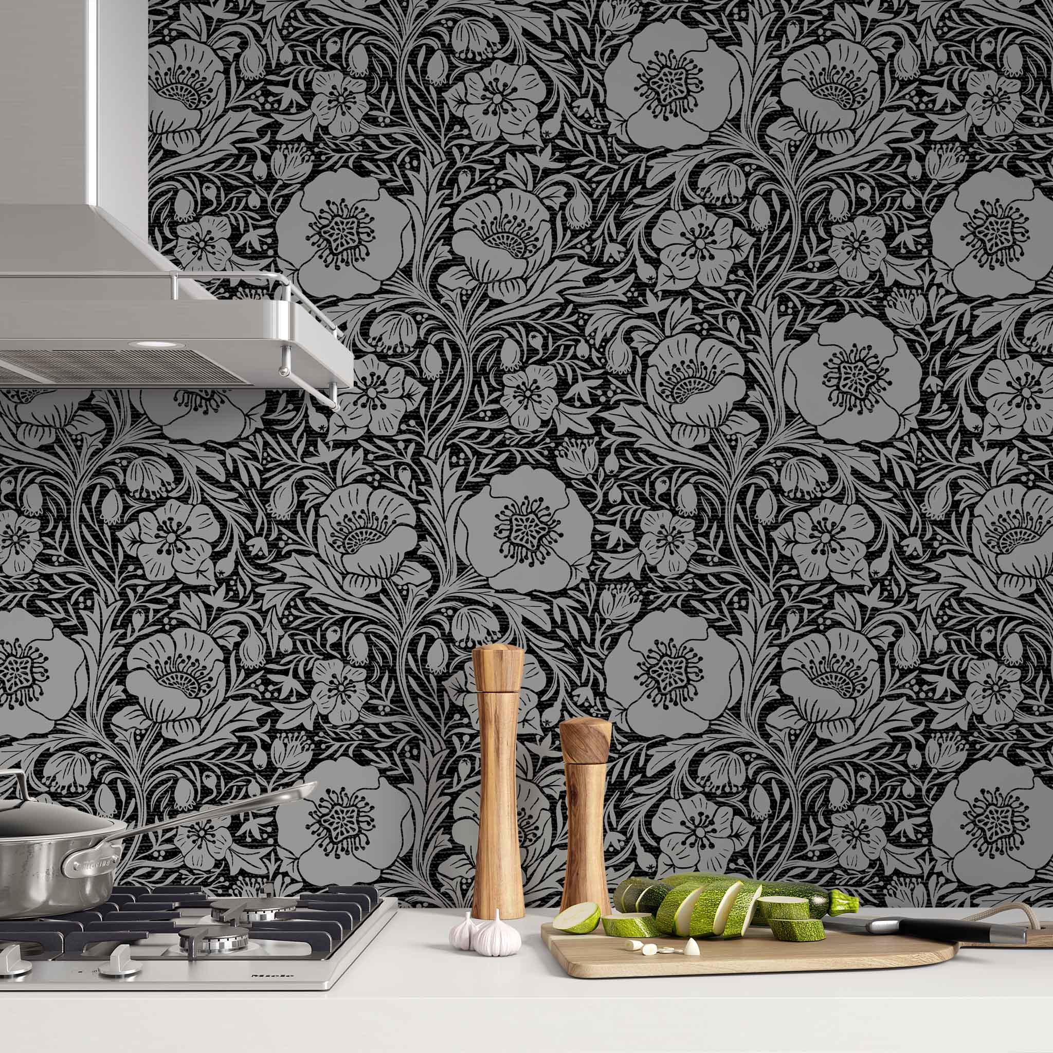 Poppy Pattern on Black Pre-Pasted Removable Wallpaper. A Great Solution to a Backsplash.