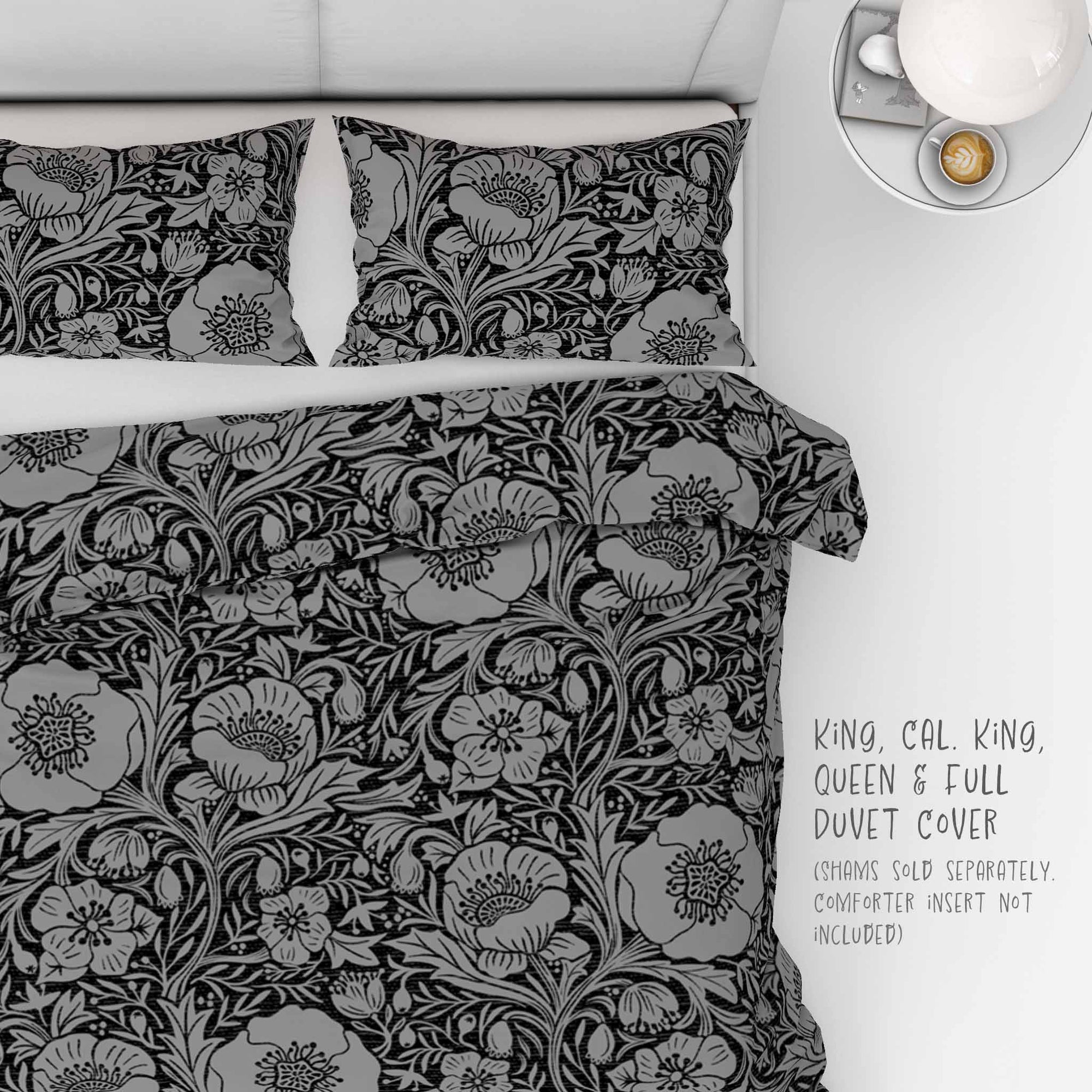 Poppies on charcoal black background 100% Cotton Duvet Cover: King, Cal King, Queen and Full sizes.