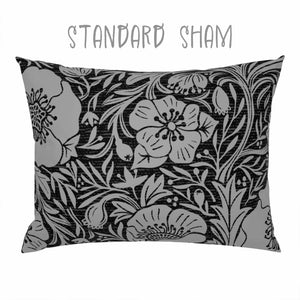 Poppies on charcoal black background Standard Sham and King Sham