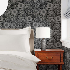Black Poppy Wallpaper in a bedroom