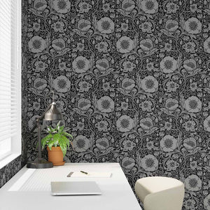 Desk nook with Black Poppy Wallpaper