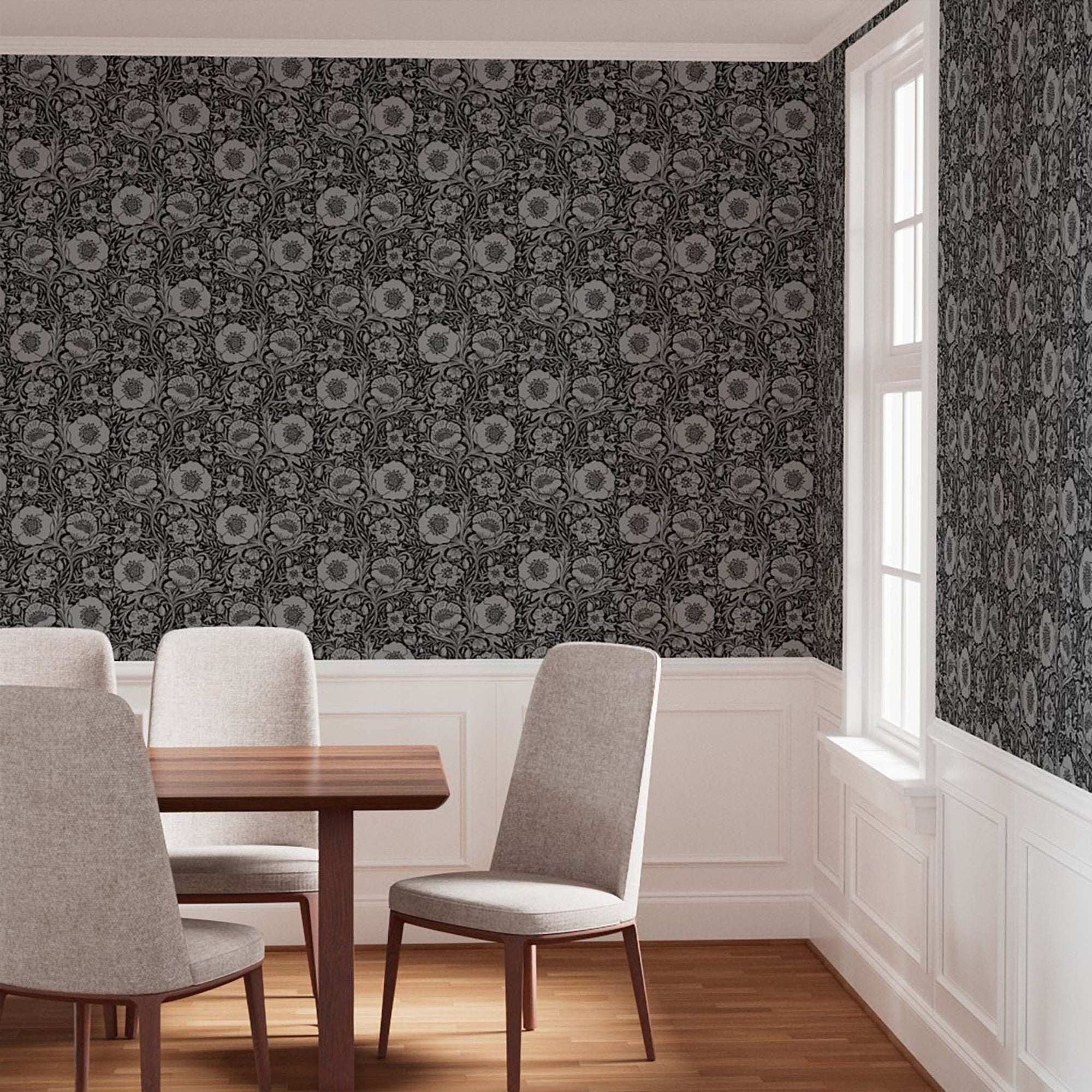 Black Poppy Wallpaper design in a dining room