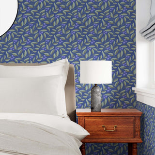 Blueberries on blue background with flowing leaves creates a fresh and inviting choice for any wall