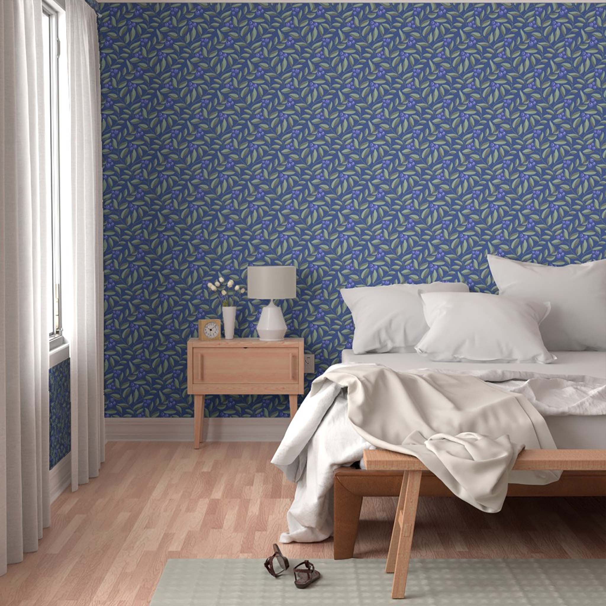 Blueberries on blue background with flowing leaves creates a fresh and inviting choice for any wall - excellent on large walls