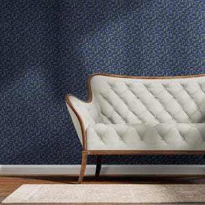 Blueberries on blue background with flowing leaves an ideal contemporary pattern with an elegant appeal