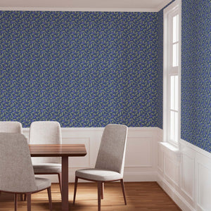 Blueberries on blue background with flowing leaves on a large wall