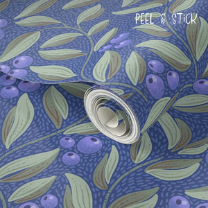 Blueberries on blue background with flowing leaves Peel & Stick Wallpaper