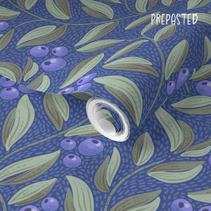 Blueberries on blue background with flowing leaves Pre-Pasted. An recommended solution for high moisture rooms such as a bathroom