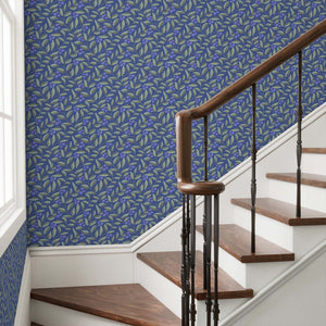 Blueberries on blue background with flowing leaves creates a fresh and inviting choice for any wall - idea for high traffic areas