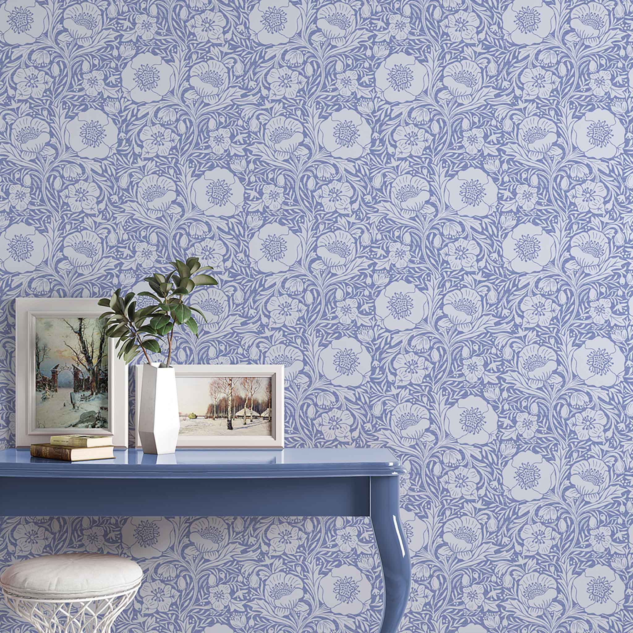 Blue Poppy Pattern Peel & Stick or Pre-Pasted Removable Wallpaper example on a large wall.
