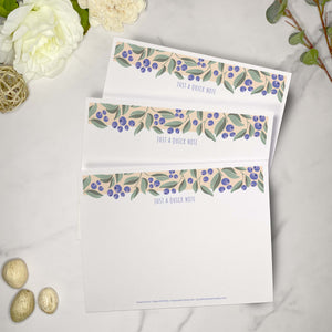Set of 10 Fruit Note Cards covered in blueberries Design. Each card is 4.25 x 5.5 inches and includes envelopes.
