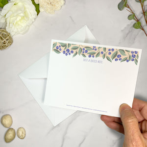 Set of 10 Fruit Note Cards covered in blueberries Design. Each card is 4.25 x 5.5 inches and includes envelopes.