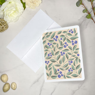 Set of 10 Folded Fruit Note Cards covered in Blueberries Design. Each card is 4.25 x 5.5 inches and includes envelopes.