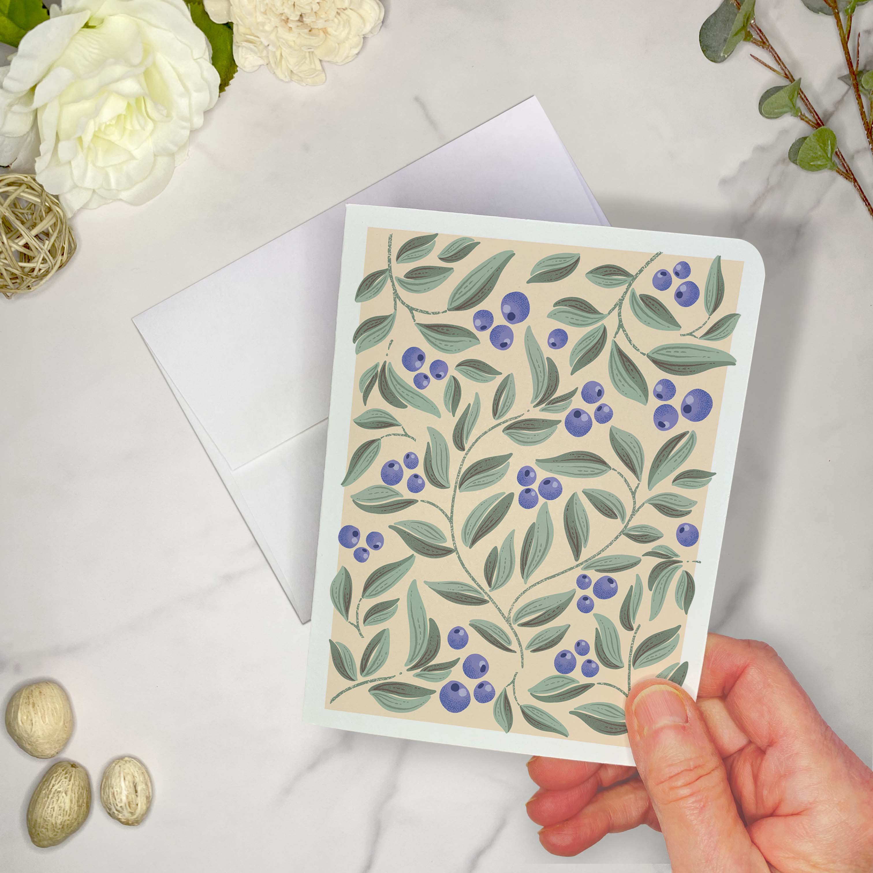Set of 10 Folded Fruit Note Cards covered in Blueberries Design. Each card is 4.25 x 5.5 inches and includes envelopes.