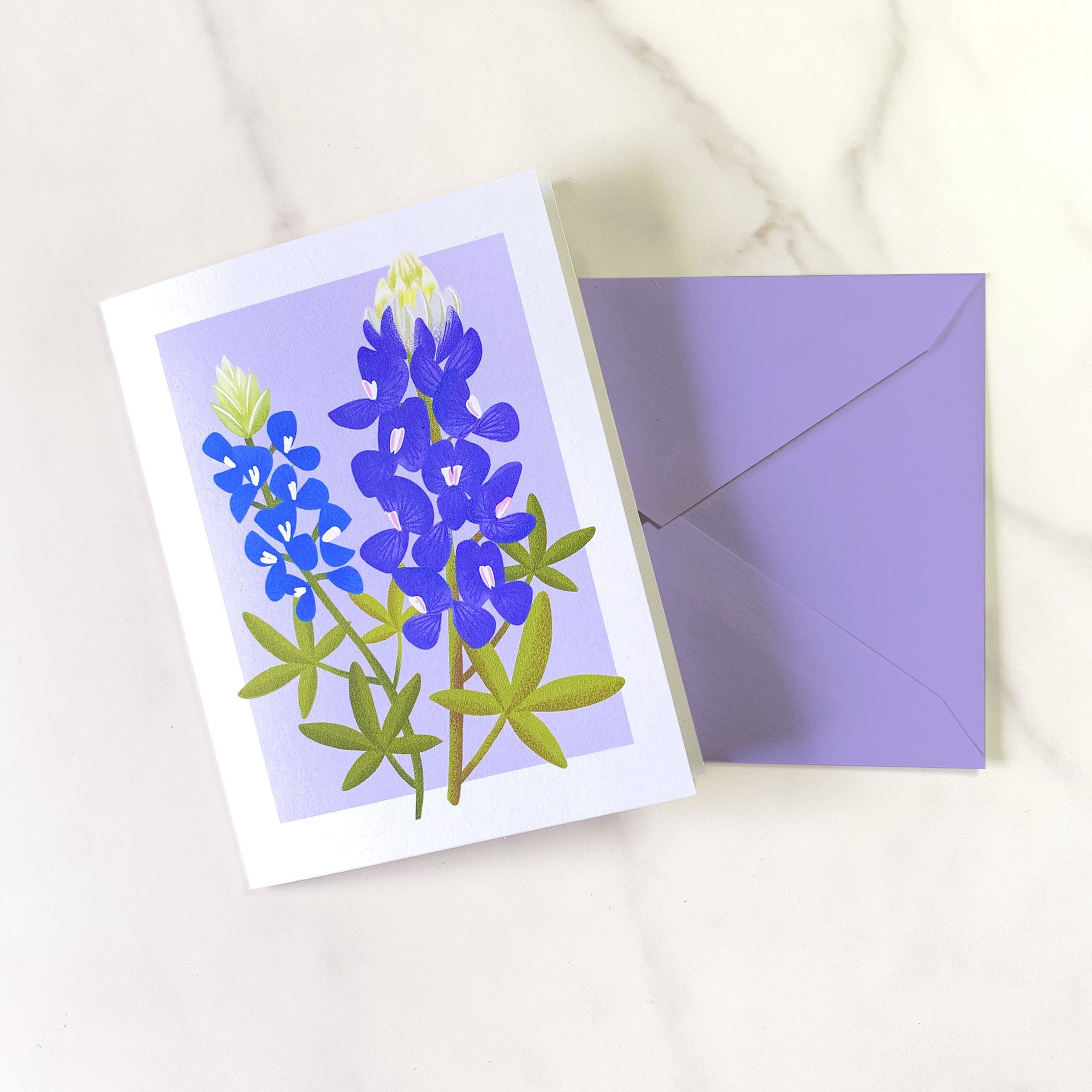Texas Wildflower illustrated greeting cards. This illustration features Bluebonnets. Set of 10 cards, A2 Size (4.25 x 5.5 inch) with envelopes.