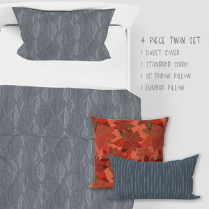 4 Piece Sets for Twin sizes - Botanical Boho Fall Cabin Leaves Cotton Bedding comes with Duvet cover, one Sham, 1 18” Throw Pillows and 1 Lumbar Pillow