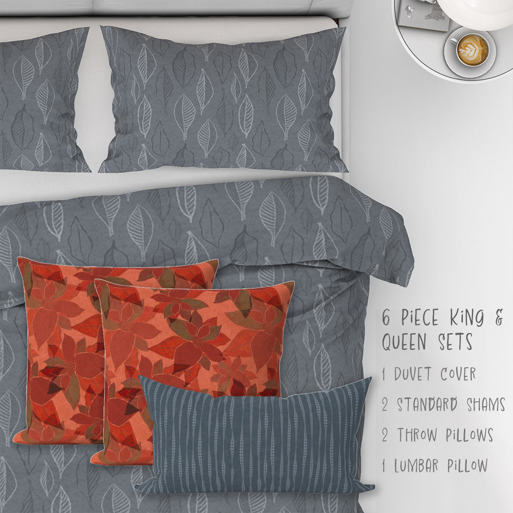 6 Piece Sets for Queen & King sizes - Botanical Boho Floral Leaves and Buds Cotton Bedding comes with Duvet cover, two Shams, 2 18” Throw Pillows and 1 Lumbar Pillow