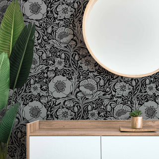 Poppy Pattern on Black Peel & Stick or Pre-Pasted Removable Wallpaper.