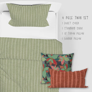 4 Piece Sets for Twin sizes - Botanical Boho Stripes & Leaves Cotton Bedding comes with Duvet cover, one Sham, 1 18” Throw Pillows and 1 Lumbar Pillow