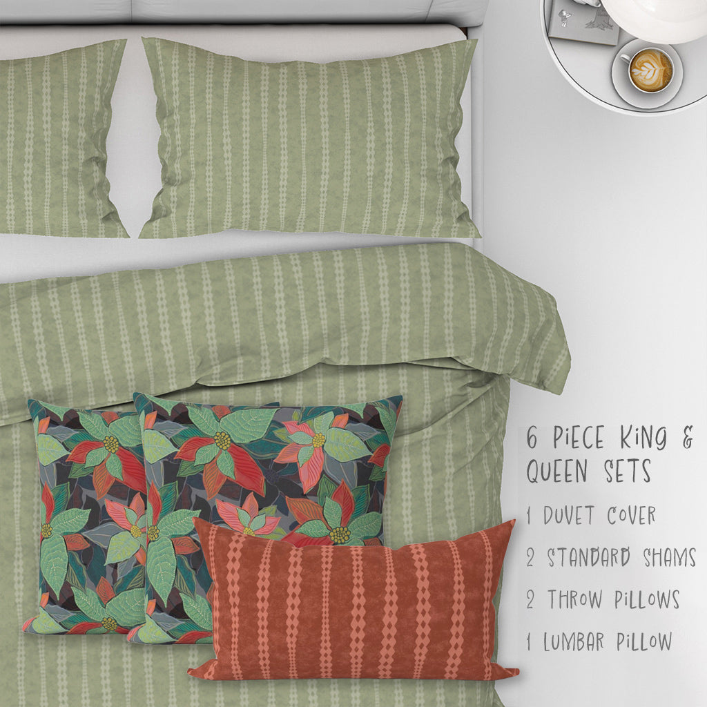 6 Piece Sets for Queen & King sizes - Botanical Boho Stripes & Leaves Cotton Bedding comes with Duvet cover, two Shams, 2 18” Throw Pillows and 1 Lumbar Pillow
