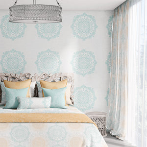 Example of a room with hand-drawn mandalas in aqua and orange on a slight watercolor texture curtains.