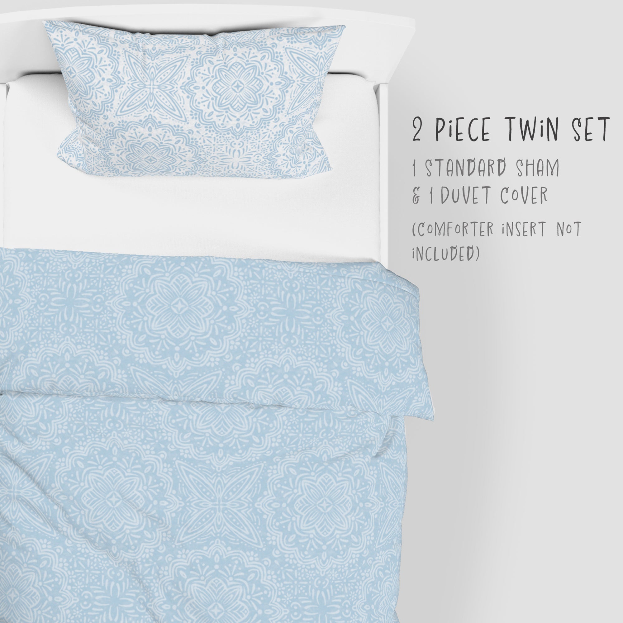  2 Piece Set for Twin sizes - Mandala Blue Boho Bliss Cotton Bedding comes with Duvet cover and one Sham