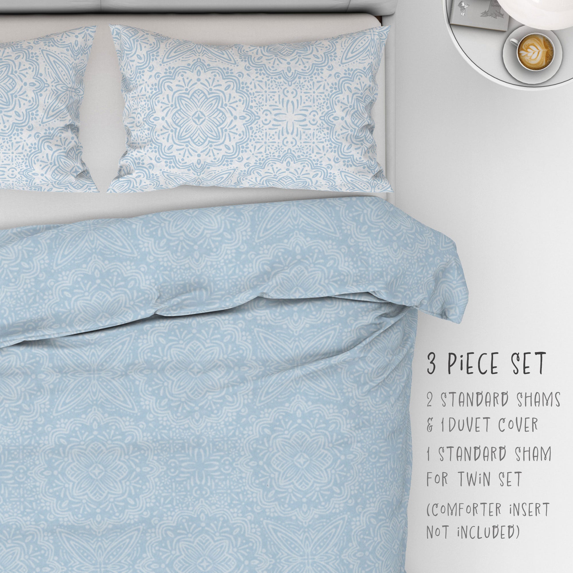  3 Piece Set for Queen & King sizes - Mandala Blue Boho Bliss Cotton Bedding comes with Duvet cover and two Shams