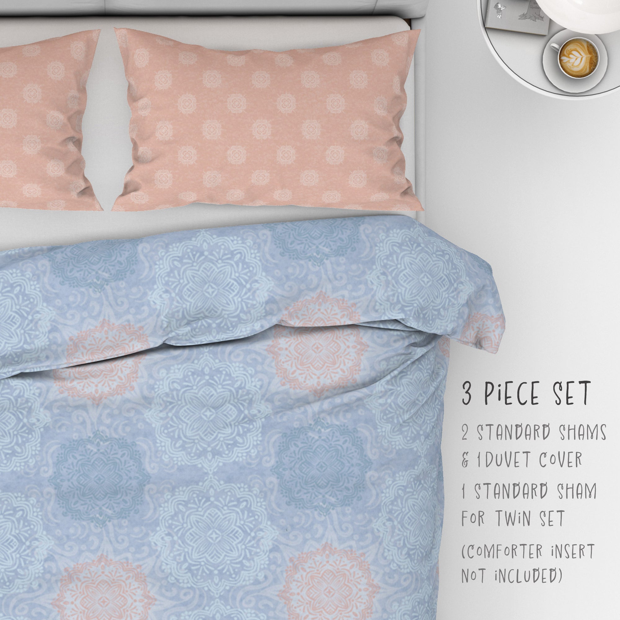 3 Piece Set for Queen & King sizes - Mandala Peach Boho Bliss Pastel Cotton Bedding comes with Duvet cover and two Shams