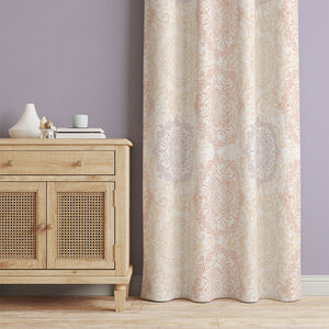 50 inch wide curtains with hand-drawn mandalas in peach and lavender colors on a cream background with a slight watercolor texture. Order two to complete a window-scape.