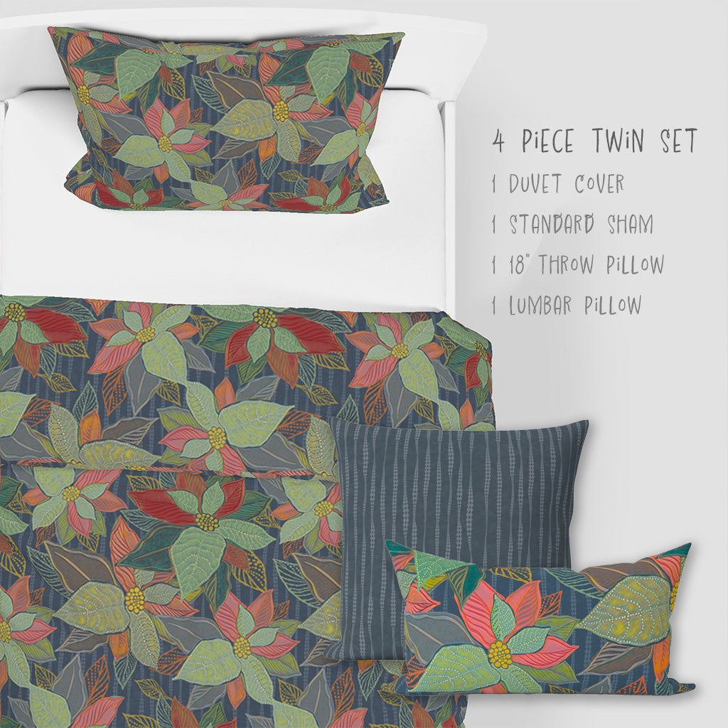 4 Piece Sets for Twin sizes - Botanical Boho Floral Leaves and Buds Cotton Bedding comes with Duvet cover, one Sham, 1 18” Throw Pillows and 1 Lumbar Pillow