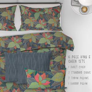 6 Piece Sets for Queen & King sizes - Botanical Boho Floral Leaves and Buds Cotton Bedding comes with Duvet cover, two Shams, 2 18” Throw Pillows and 1 Lumbar Pillow