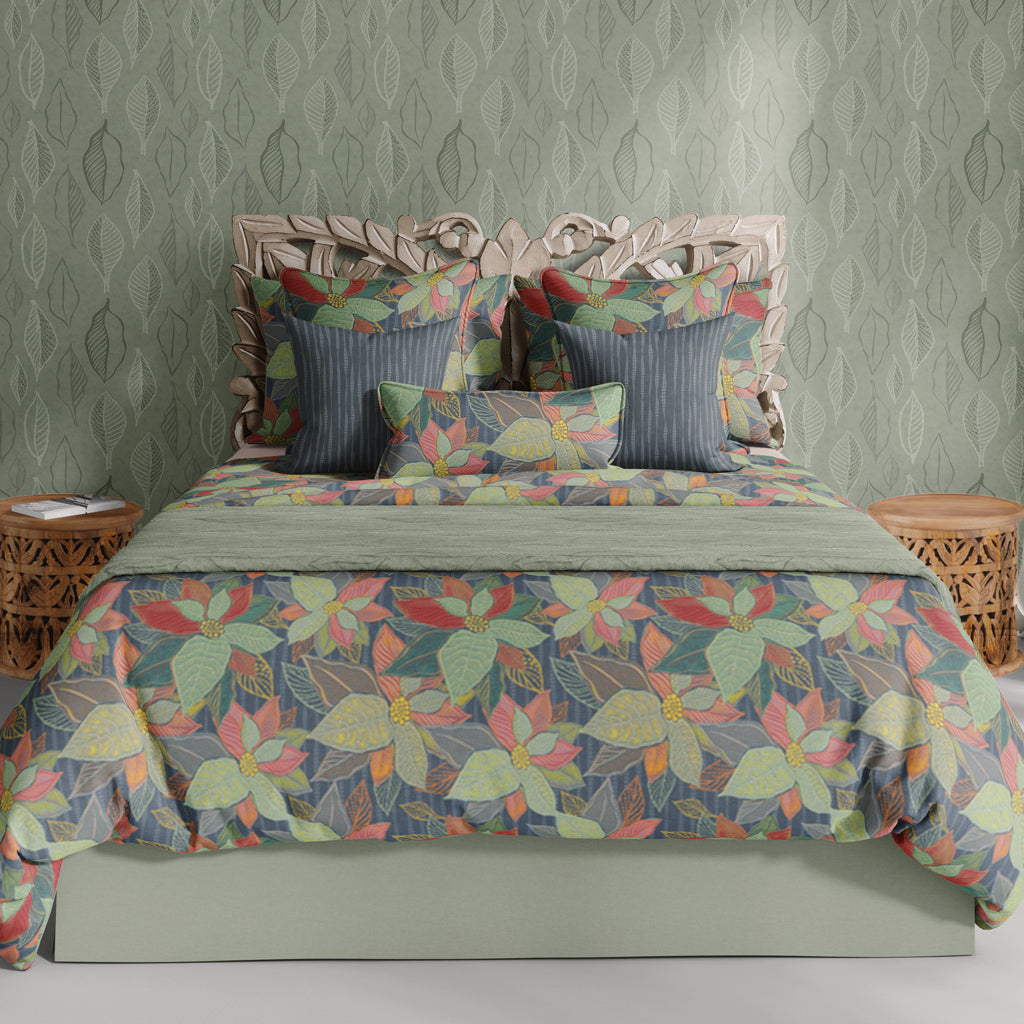 Botanical Boho Floral Leaves and Buds Cotton Bedding comes in Twin, Full/Queen, & King/Cal. King Sizes