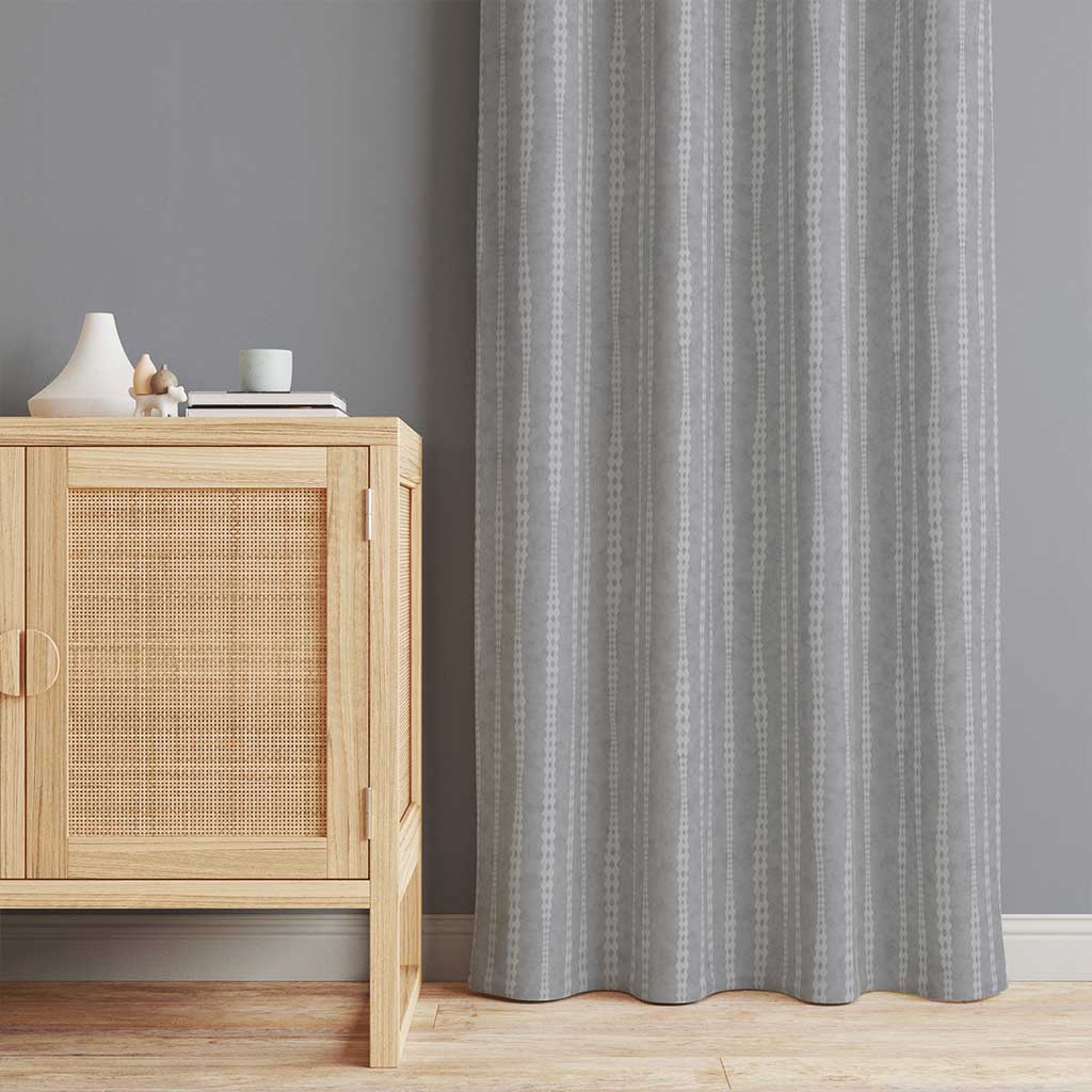 50 inch wide curtains with irregular hand-drawn stripes on a light gray background with a slight watercolor texture. Order two to complete a window-scape.