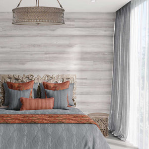 Example of a room with the irregular hand-drawn stripes on a light gray background with a slight watercolor texture curtains. 