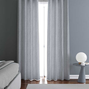 Example of a room with the irregular hand-drawn stripes on a light gray background with a slight watercolor texture curtains. 