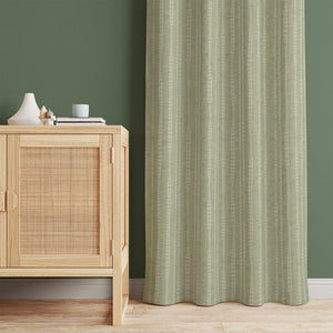 50 inch wide curtains with irregular hand-drawn stripes on a sage green background with a slight watercolor texture. Order two to complete a window-scape.