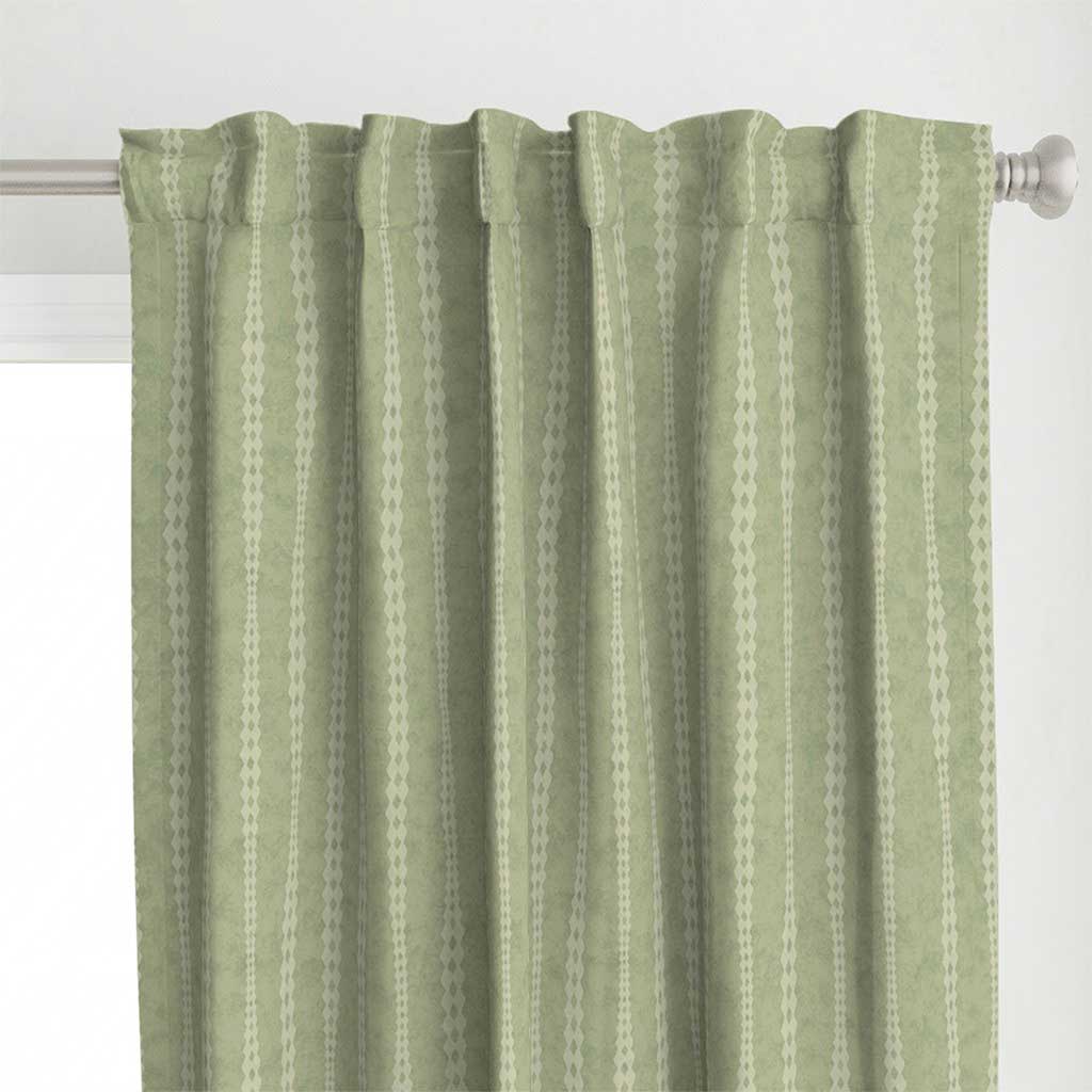 Top detail of the irregular hand-drawn stripes on a sage green background with a slight watercolor texture curtain.