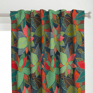Top detail of the hand painted leaves on a dark blue background color curtains