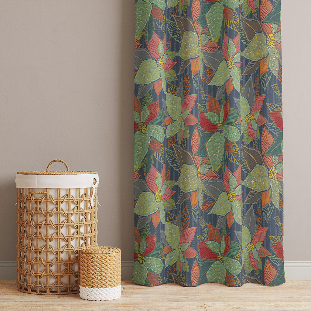 50 inch wide curtains with hand painted leaves on a dark blue striped background. Order two to complete a window-scape.