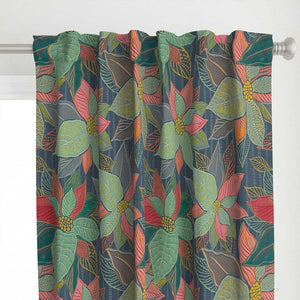 Top detail of the hand painted leaves on a dark blue striped background color curtains