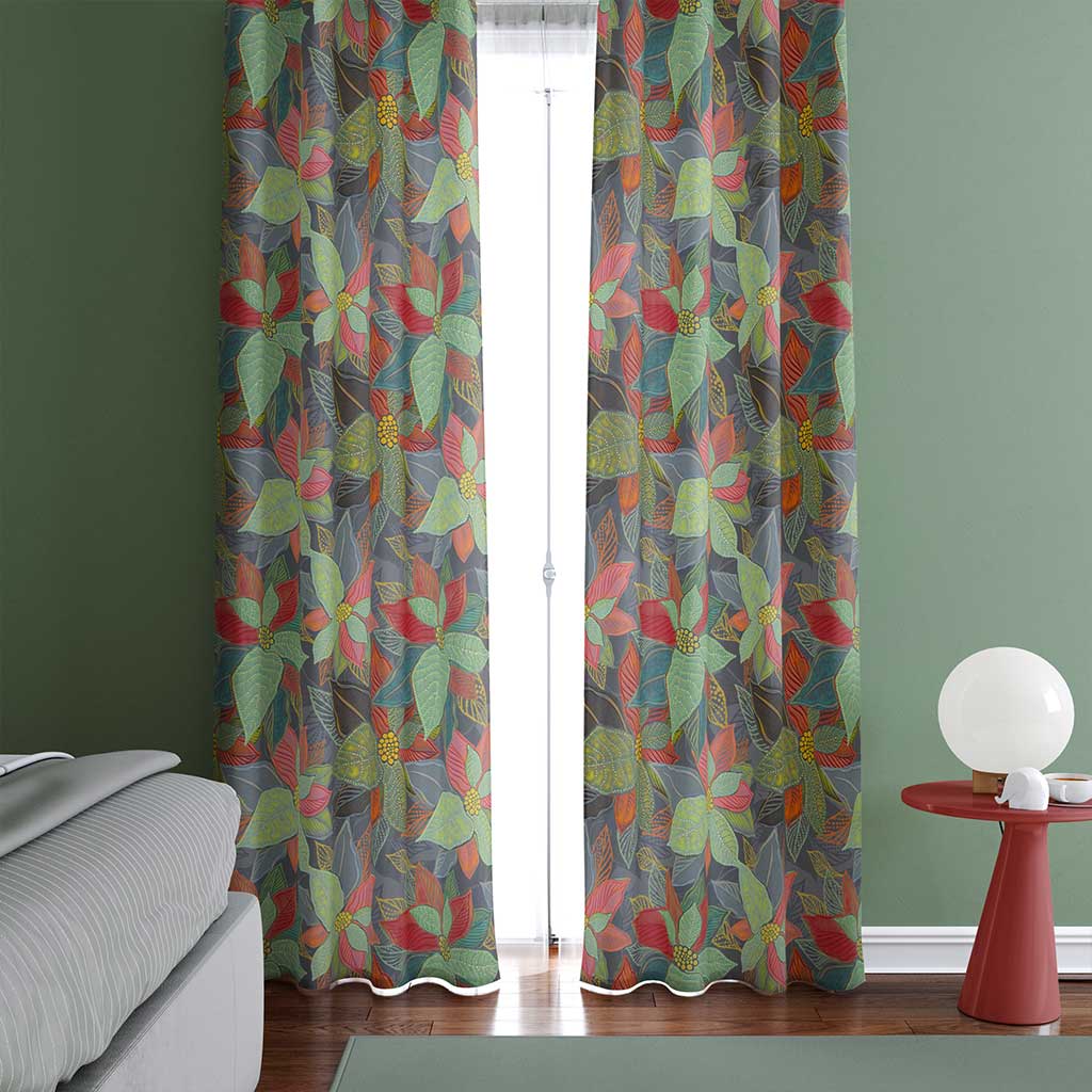 Example of a room with leaves on a gray background color curtains. 