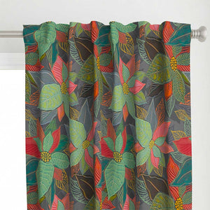 Top detail of the hand painted leaves on a gray background color curtains