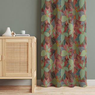 50 inch wide curtains with hand painted leaves on a red background. Order two to complete a window-scape.