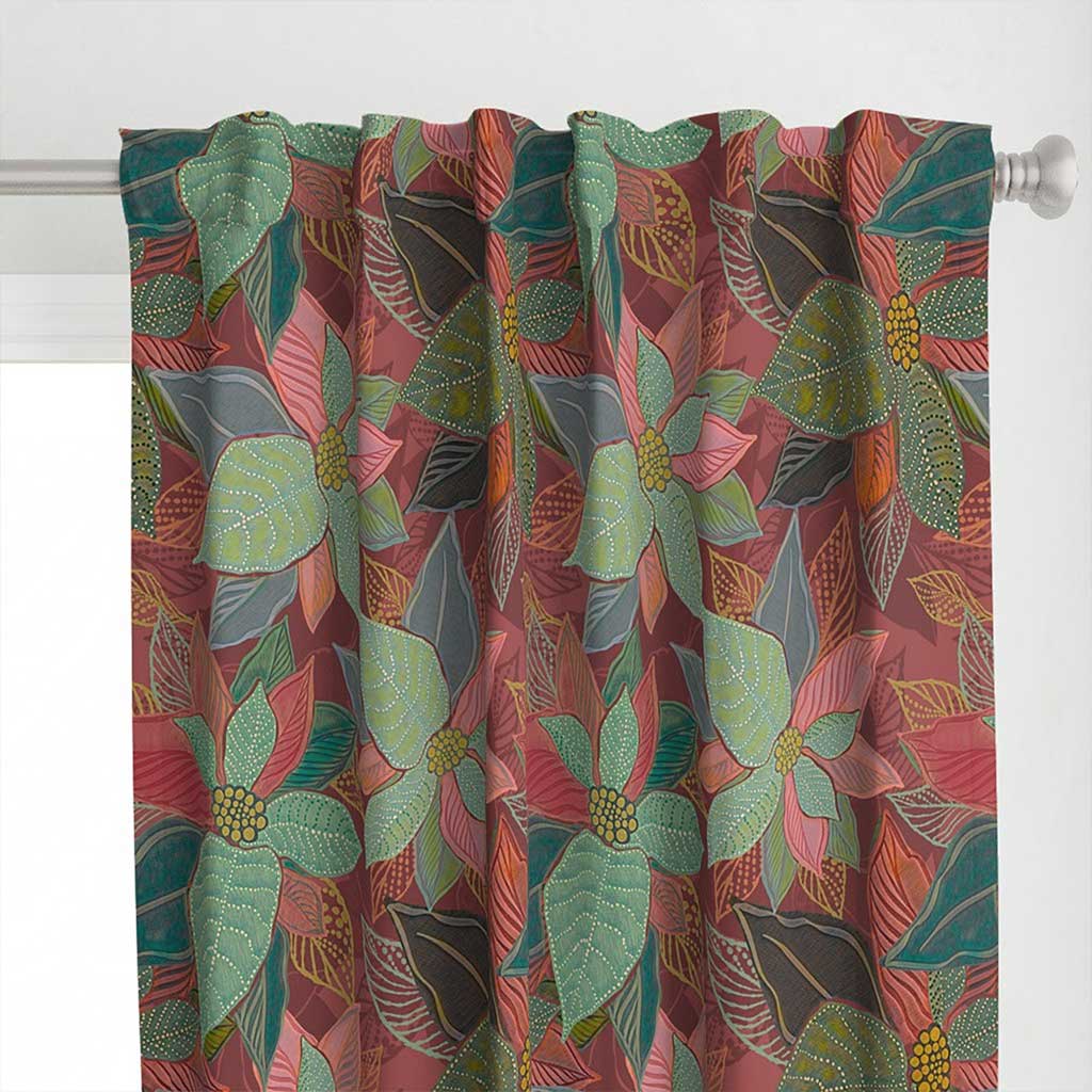 Top detail of the hand painted leaves on a red background color curtains