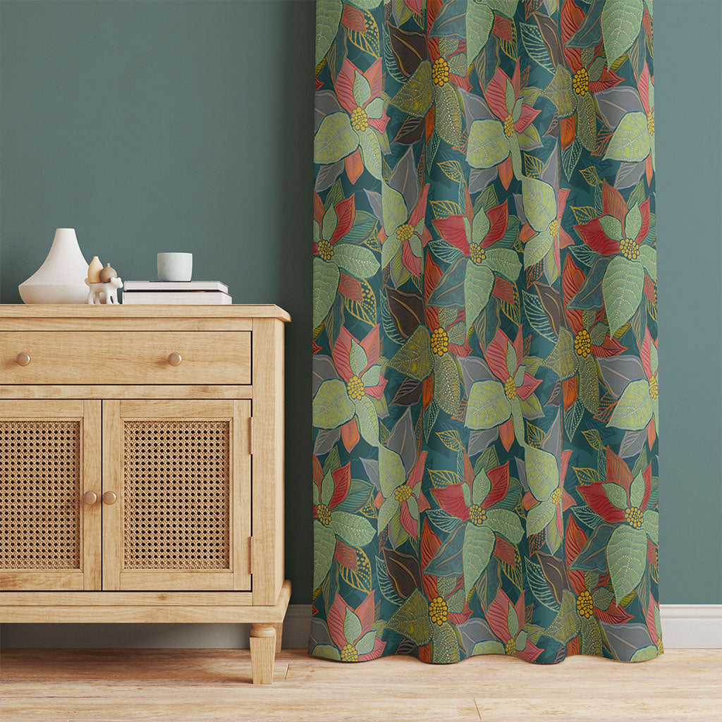 50 inch wide curtains with hand painted leaves on a teal background. Order two to complete a window-scape.