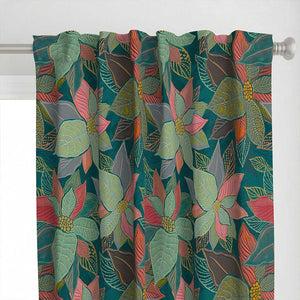 Top detail of the hand painted leaves on a teal background color curtains