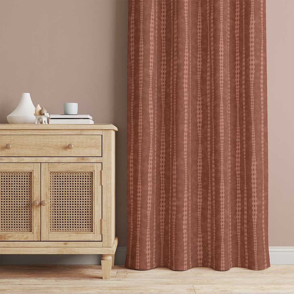 50 inch wide curtains with irregular hand-drawn stripes on a rust red background with a slight watercolor texture. Order two to complete a window-scape.