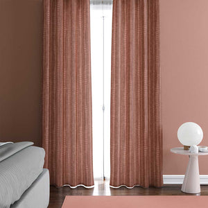 Example of a room with the irregular hand-drawn stripes on a rust red background with a slight watercolor texture curtains. 