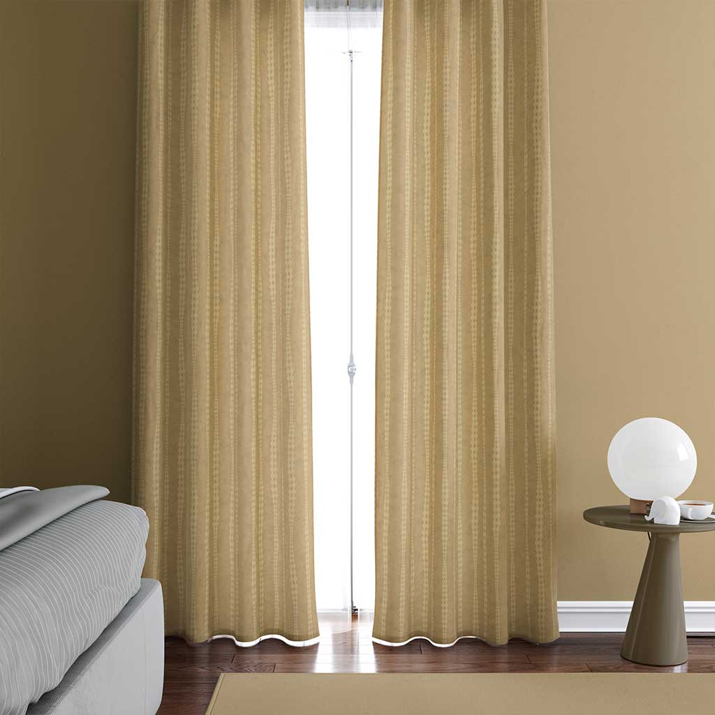 Example of a room with the irregular hand-drawn stripes on a honey gold background with a slight watercolor texture curtains. 